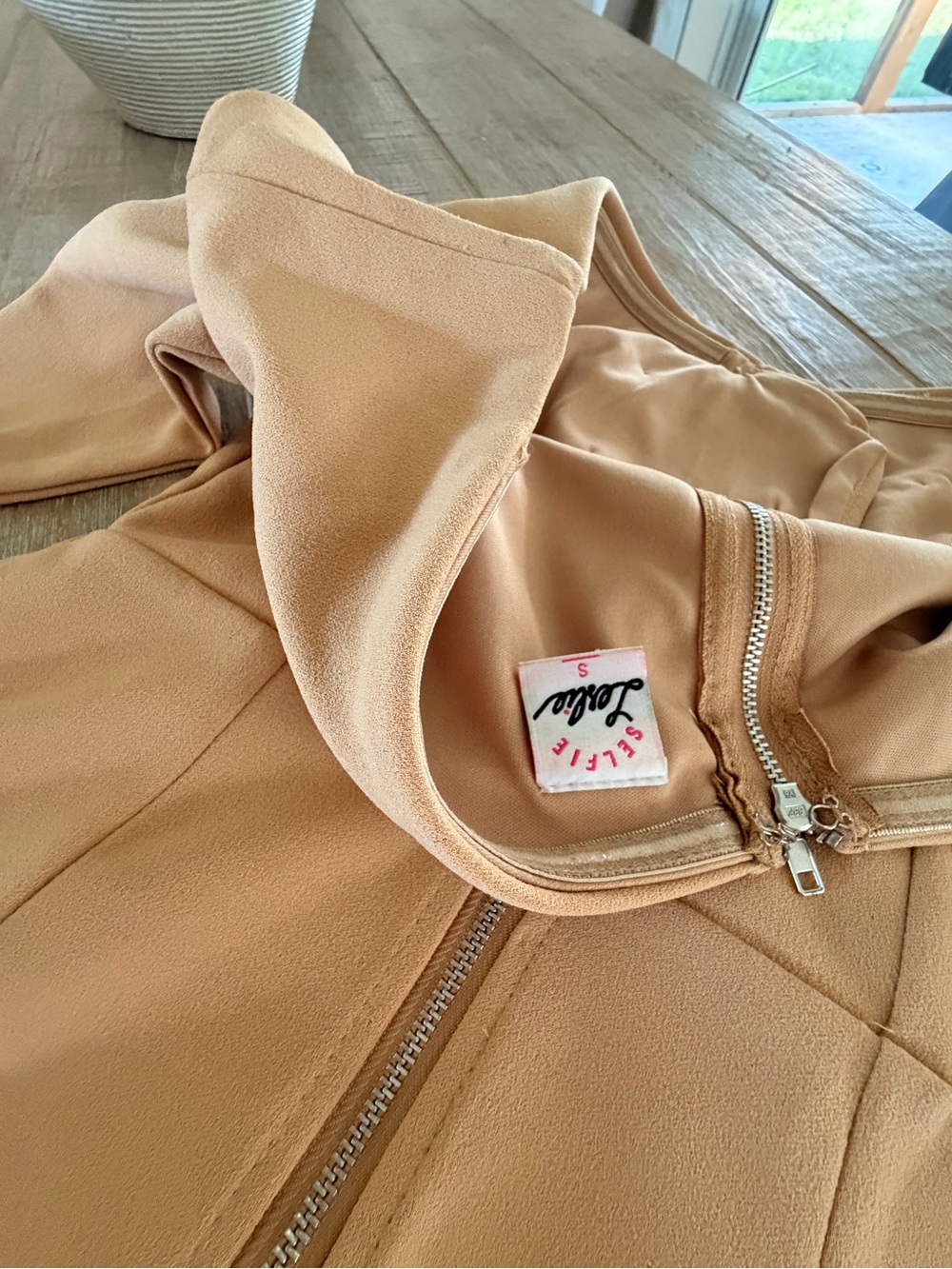 Off-Shoulder Tan Sheath Dress with Decorative Buttons - Picture 6 of 6